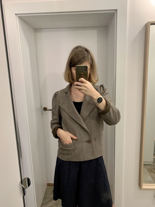 Vintage retro marynarka ramoneska bomberka S wełna pepitka jodełka