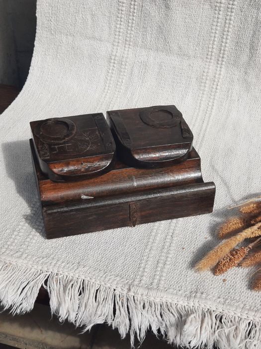 Kałamarz drewniany ciemny stary vintage prl