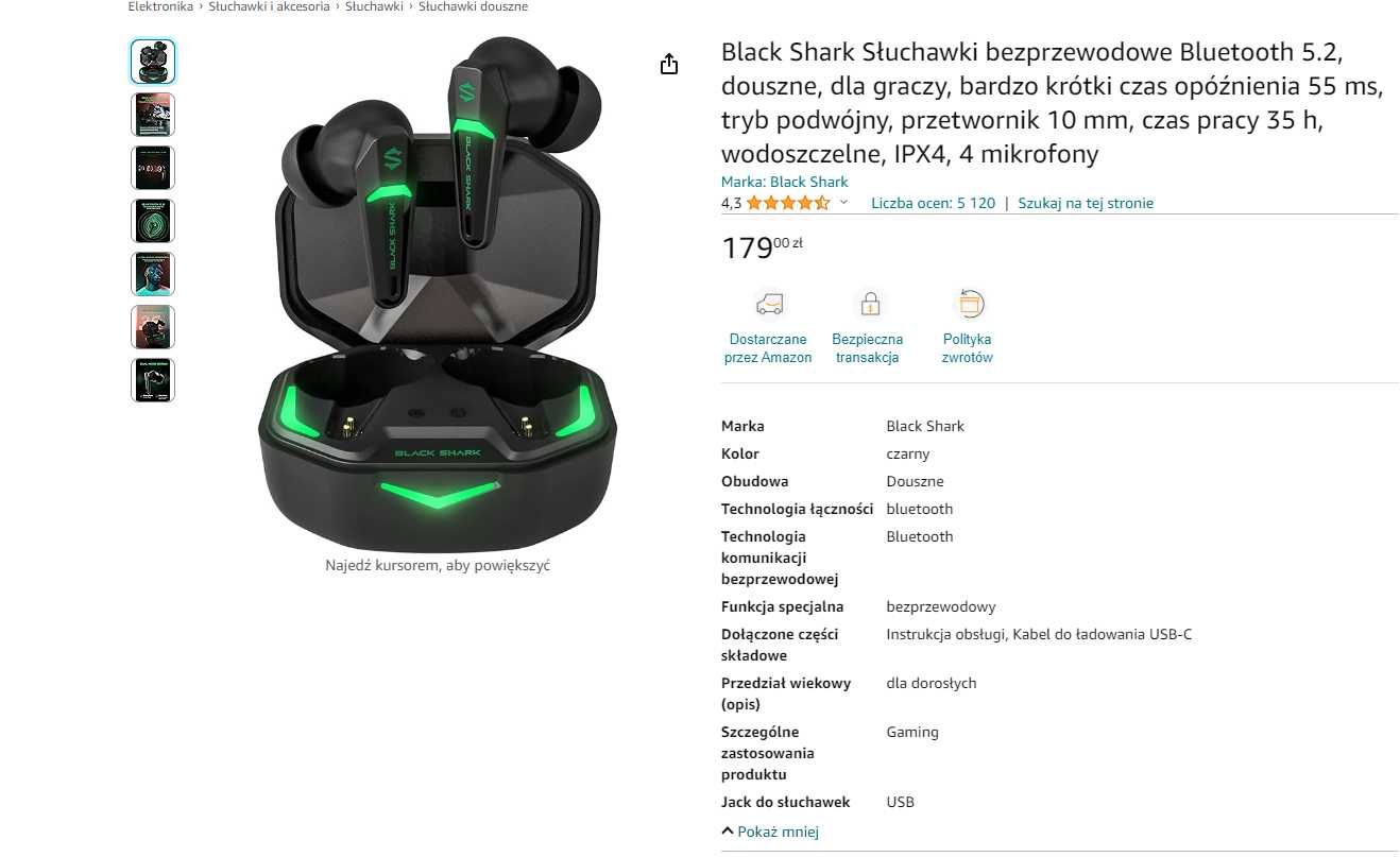 Słuchawki bezprzewodowe Bluetooth 5.2, douszne, dla graczy, gaming