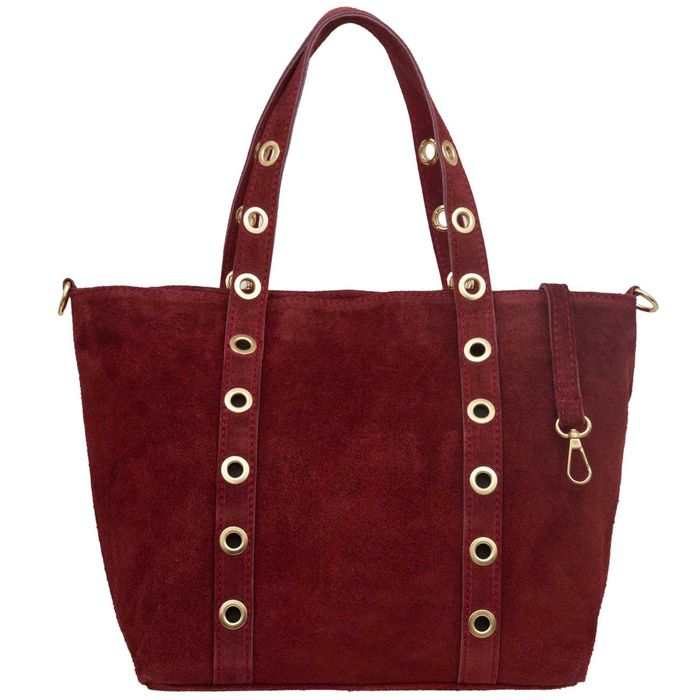 VERA PELLE torebka zamszowa shopper z kółkami i paskiem V699 bordowa