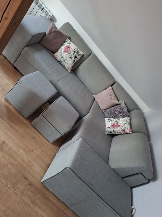 Sofa narożnik rogówka szary 4 pufy rozkladana
