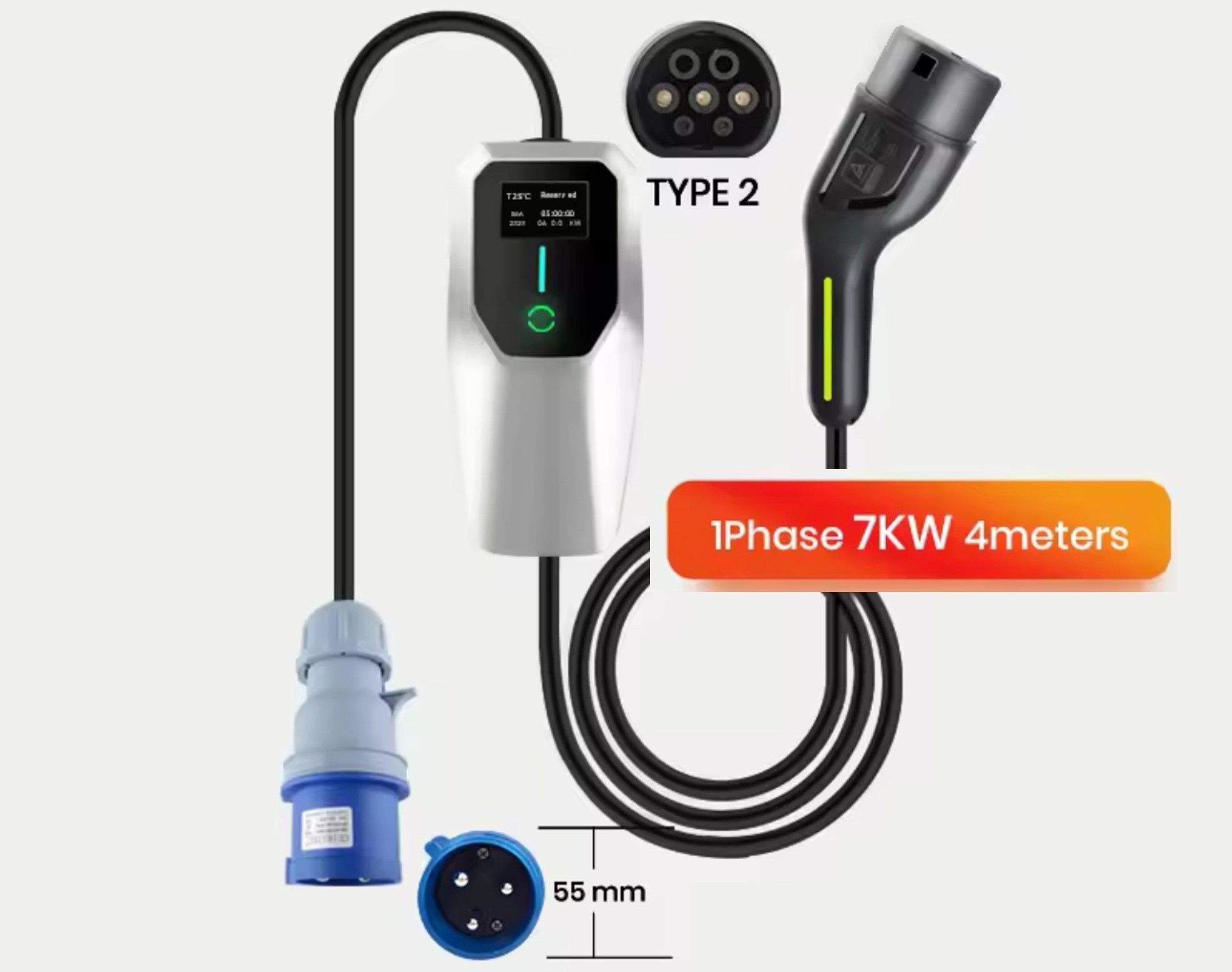 Carregador Portátil 7 kw - 32A -Tipo 2 - Veiculos Eletricos