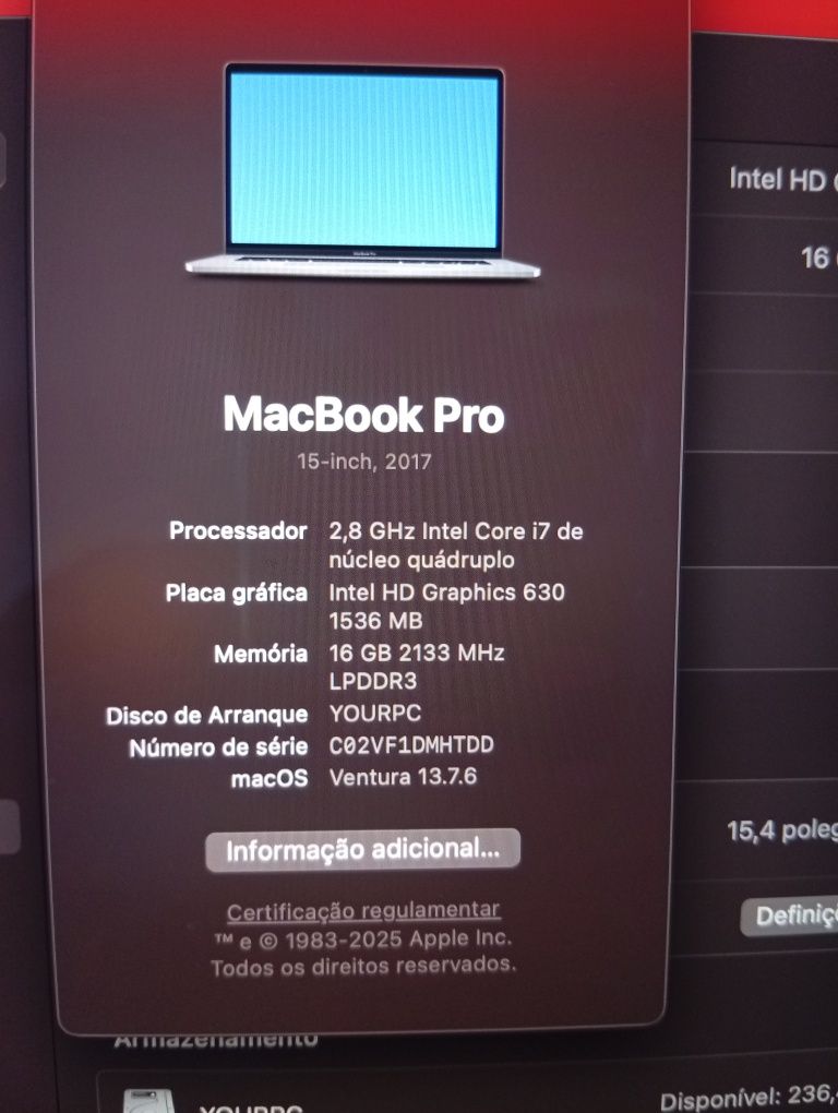 MacBook Pro 15" ano 2017 i7 SSD 512 Gb. Ram 16 Gb