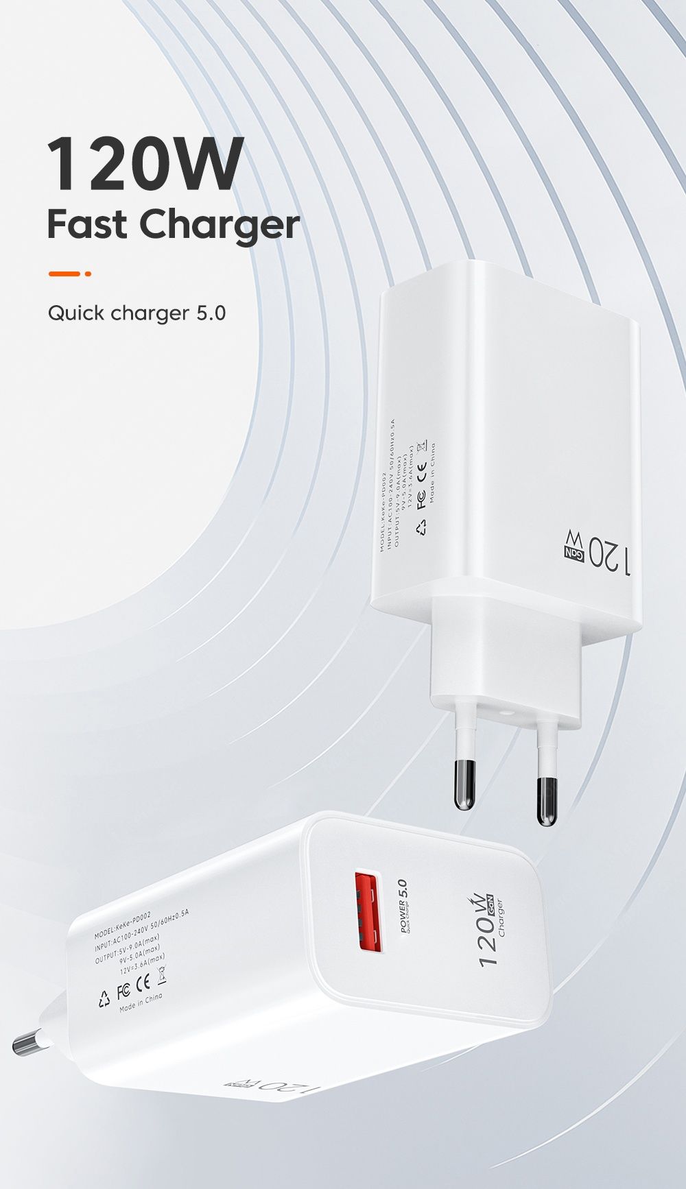 QC 3.0 Szybka ładowarka telefoniczna sieciowa USB 120W + 1m przewód