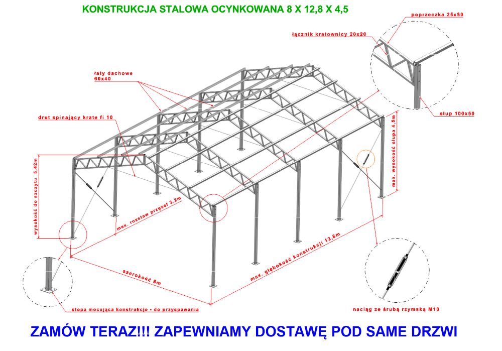 Konstrukcja 8x12.8stalowa ocynkowana magazyn hala wiata garaż warszta