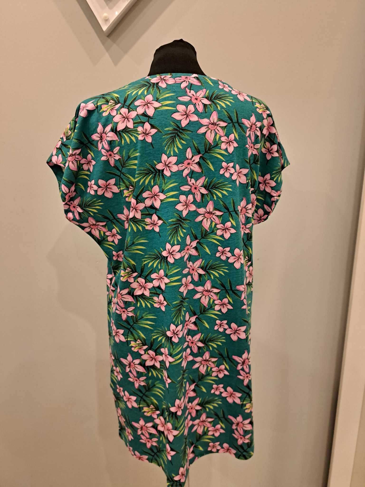Tunika damska roz. L/XL, zielona w kwiaty, krótki rękaw, bawełna