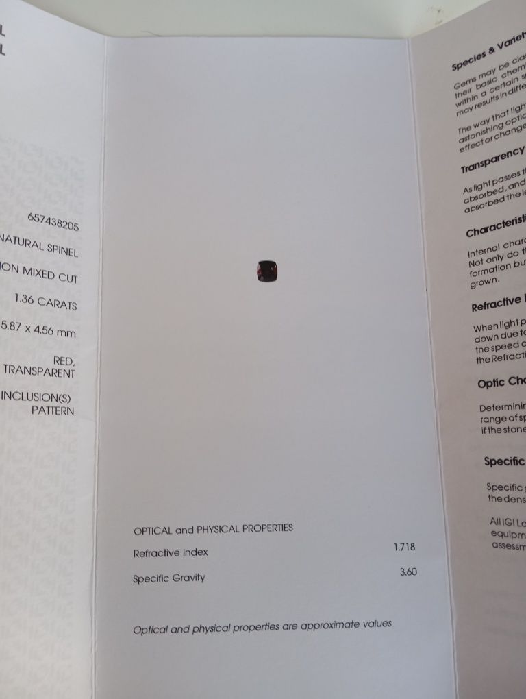 Espinélio natural vermelho 1.39cts certificação gemológico IGI