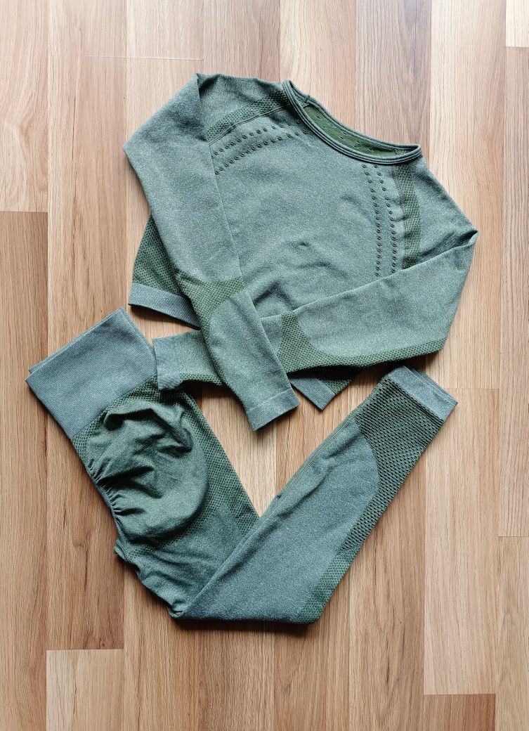 Komplet bezszwowy zgnita zieleń XS/S legginsy push up rashguard