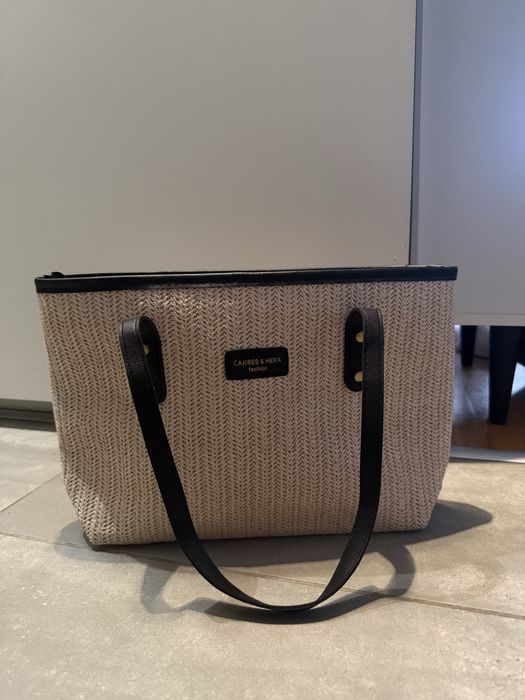 NOWA Letnia Torebka Pleciona Shopper Duża Zamek Beż Czarny