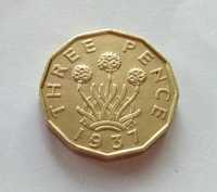 Монета Великобритании 3 pence 1937