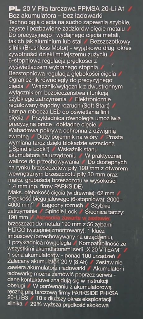 Piła tarczowa Parkside PPMSA 20-Li A1
