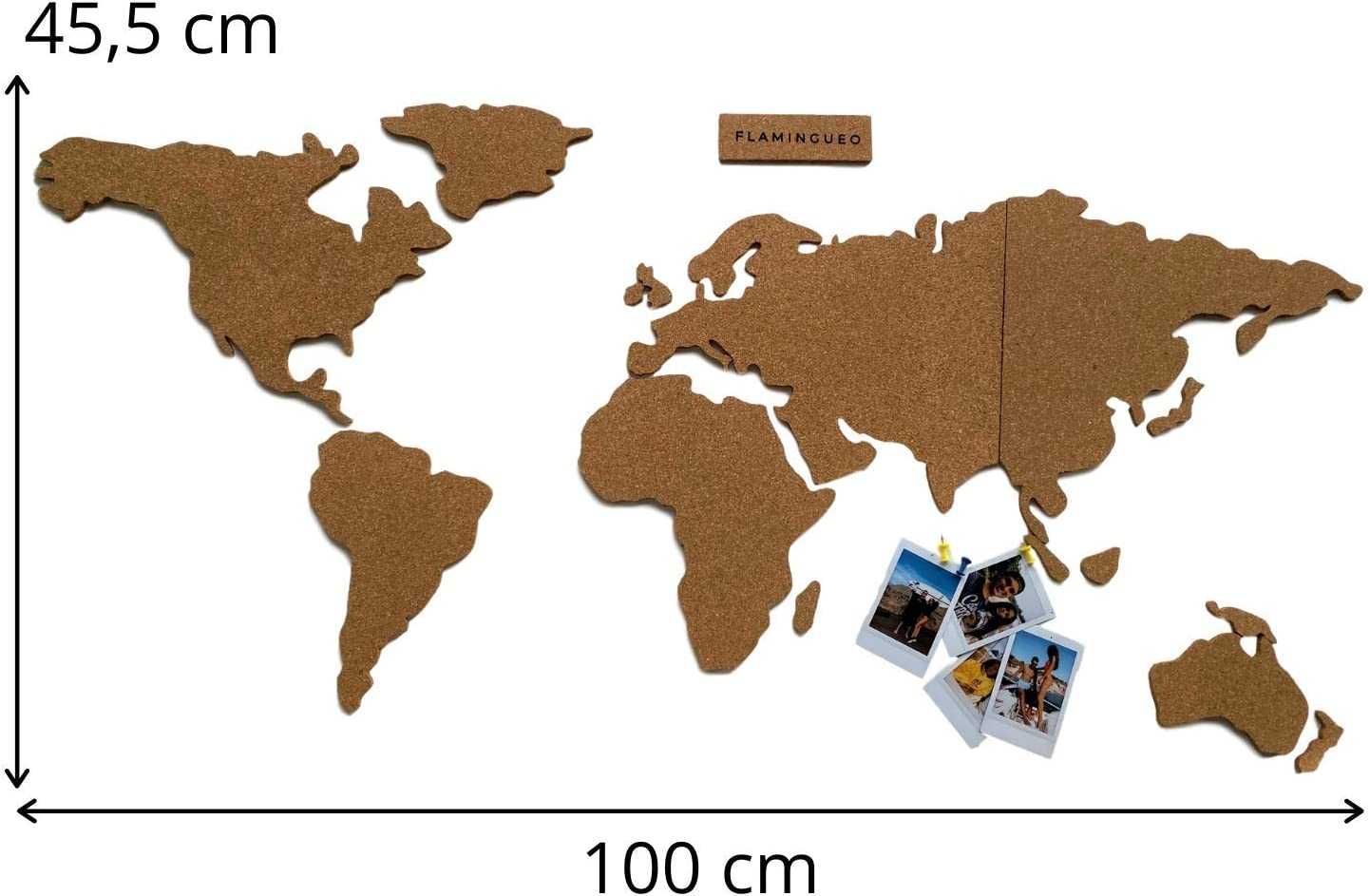 Mapa do mundo em cortiça para parede, com alfinetes para fotos, novo