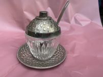 Спецовочница (сахарница) ссср + блюдце + ложка, металл, стекло, винтаж