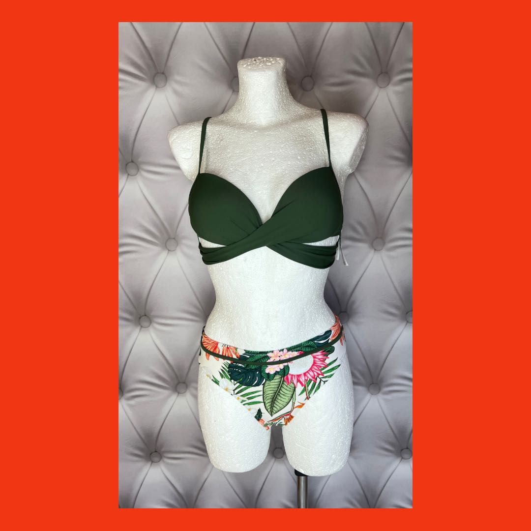 Strój kąpielowy dwuczęściowy bikini kostium zielony kwiaty S cupshe
