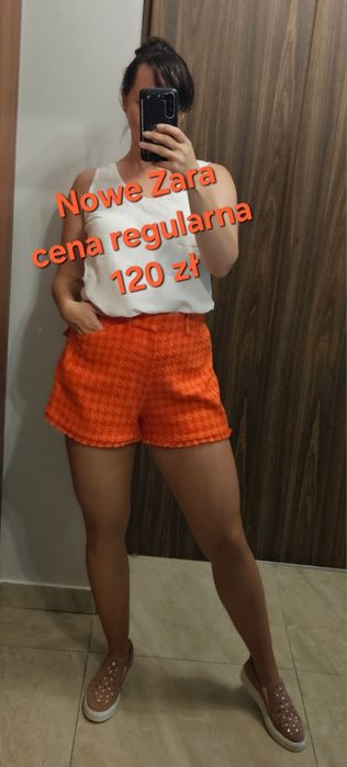 Pomarańczowe Bermudy szorty Zara w pepitkę