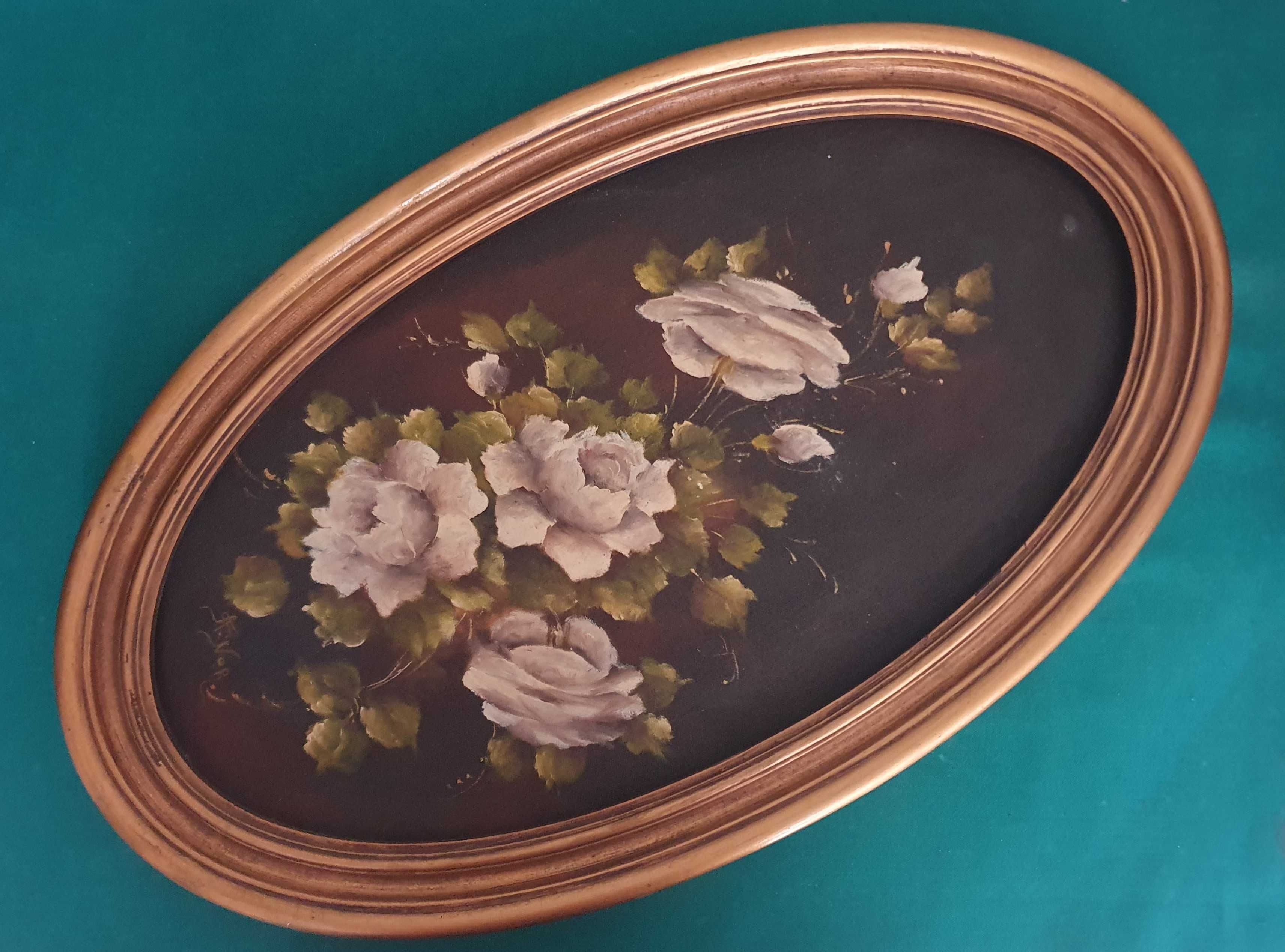 A. Nor. Linda Pintura Floral original, a óleo, oval, anos 70 - 62x37cm