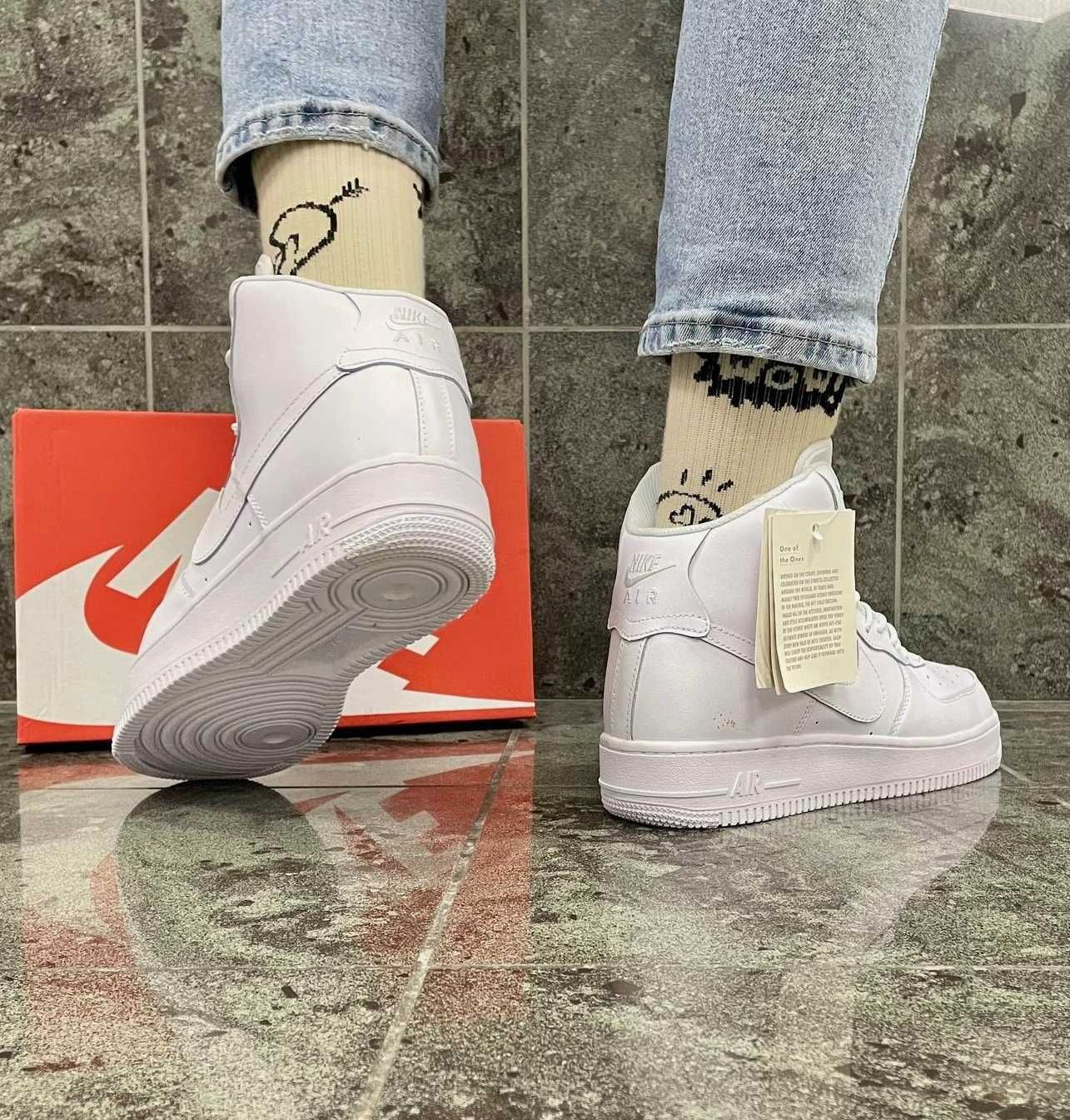 Кроссовки Мужские Найк Air Force белые высокие Nike натуральная кожа