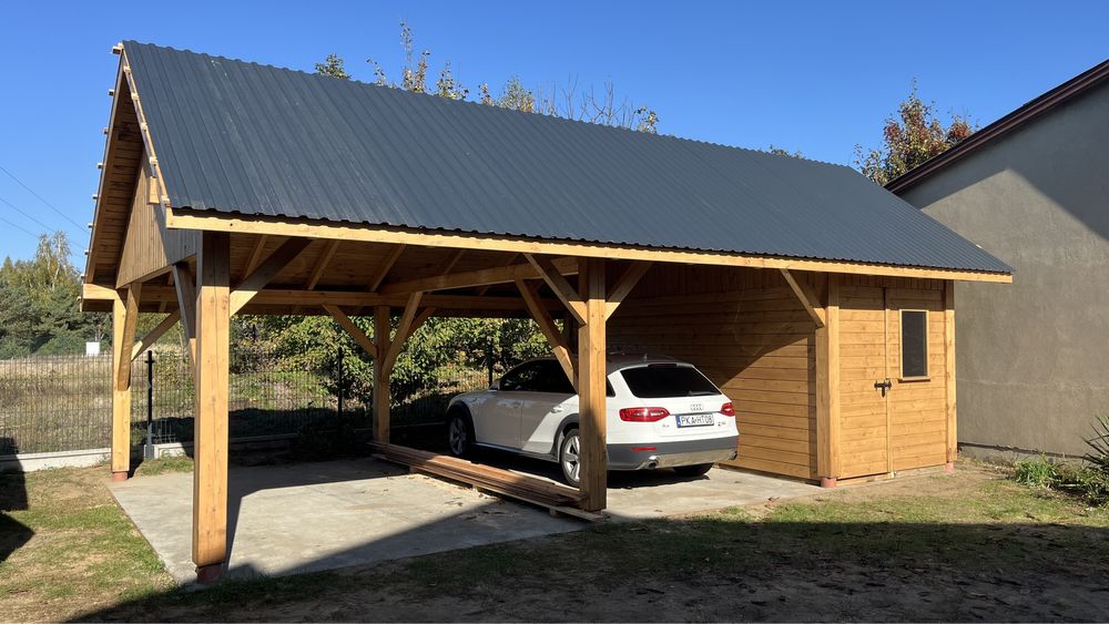 Solidna wiata garazowa, carport na samochód, drewniana, garaż z dachem