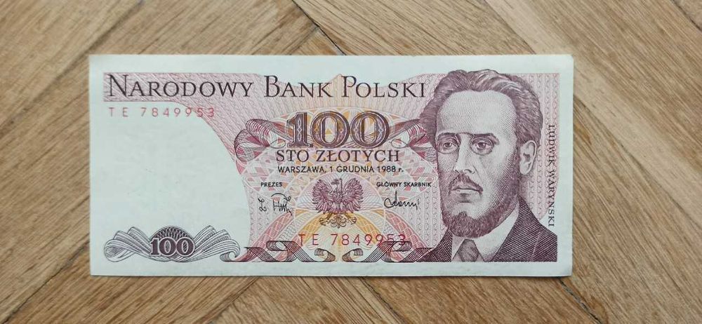 Banknot nieobiegowy PRL, 100 zł, seria TE, 1988 r.