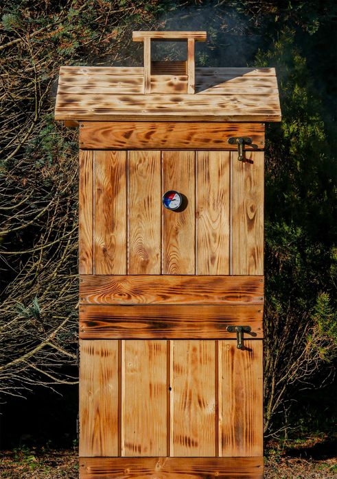 Wędzarnia drewniana ogrodowa podwójna opalana, komplet wędzarniczy.