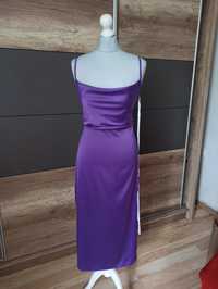 Fioletowa satynowa sukienka midi r. 44