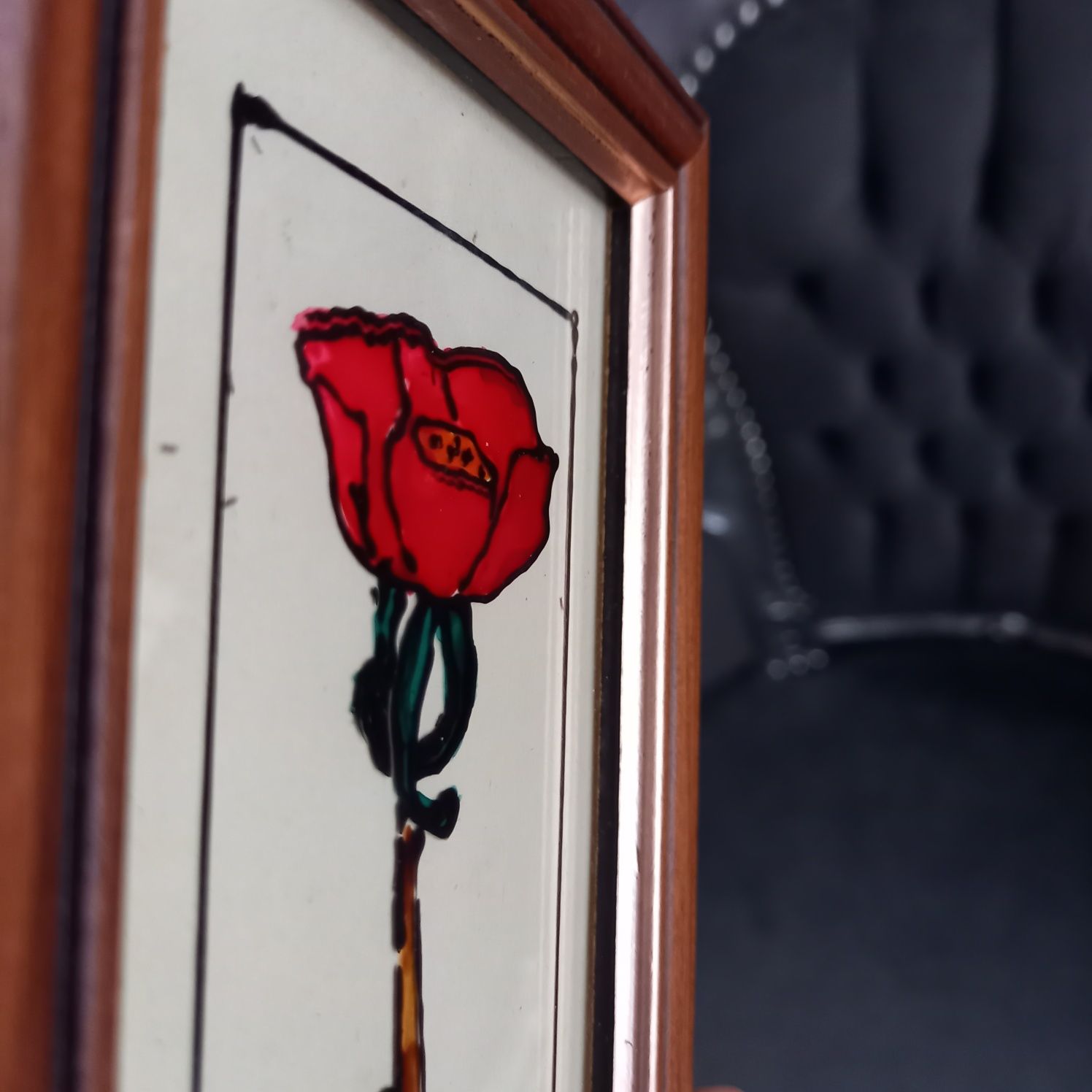 Obraz witrażowy drewniana rama retro vintage witraż szkło róża kwiaty