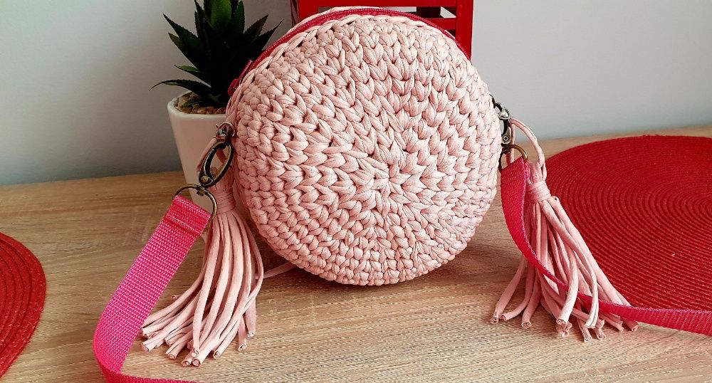 Torebka pleciona ze sznurka niebeska, pudrowy róż, ręcznie wykonana