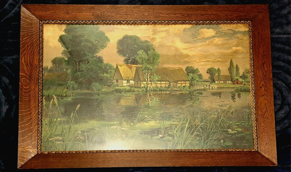 Obraz „Wiejski pejzaż nad stawem” w odnowionej drewnianej ramie