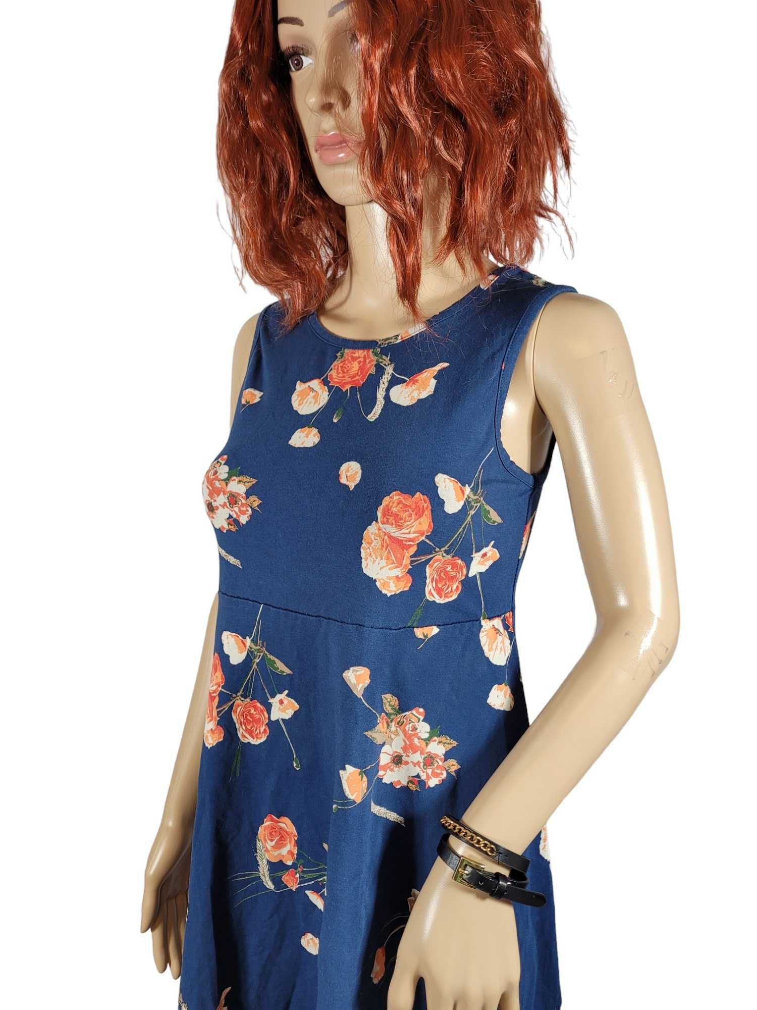 Niebieska rozkloszowana sukienka ciążowa wzór w kwiaty 32,XXS/34,XS