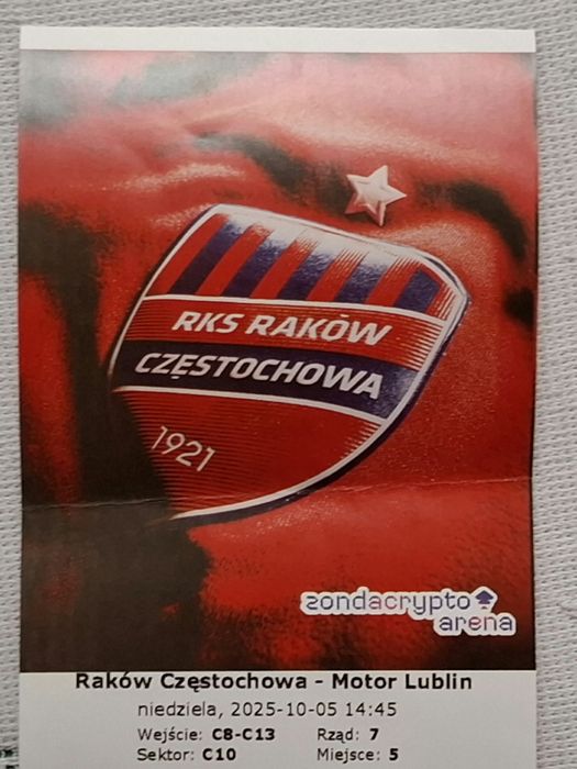 Pamìątkowy Bilet z meczu Raków Częstochowa - Motor  Lublin