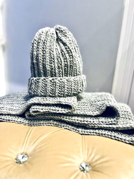 Komplet czapka beanie szalik 100% wełna szary gruby splot warkocz