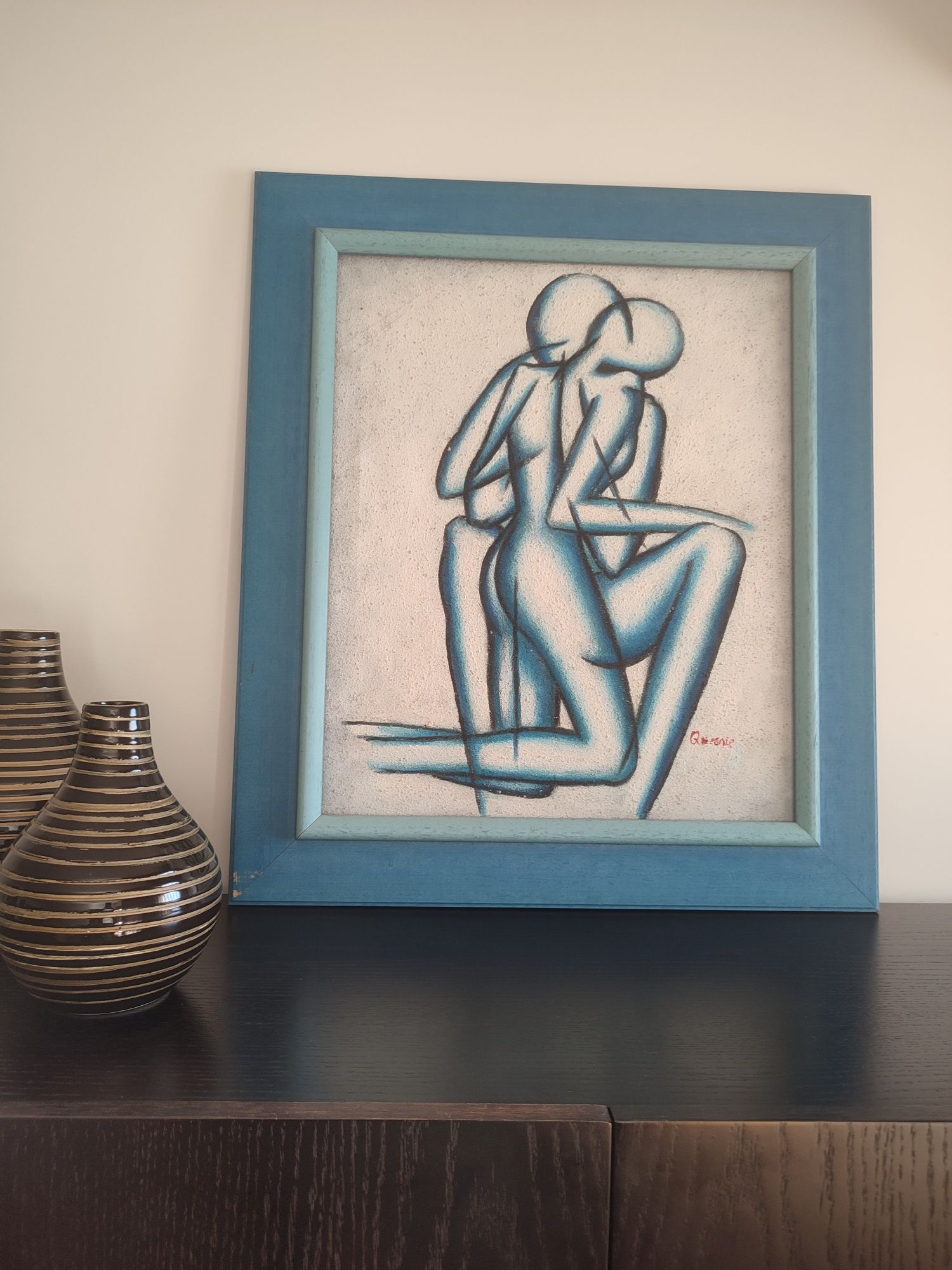 Pintura a óleo em areia, com moldura azul