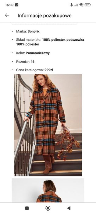 Płaszcz damski długi krata Bonprix rozmiar 46