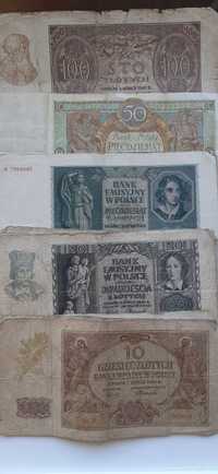 Polskie banknoty 10zł 1940 20zł 1940 50zł 1929 50zł 1941, 100zł 1940