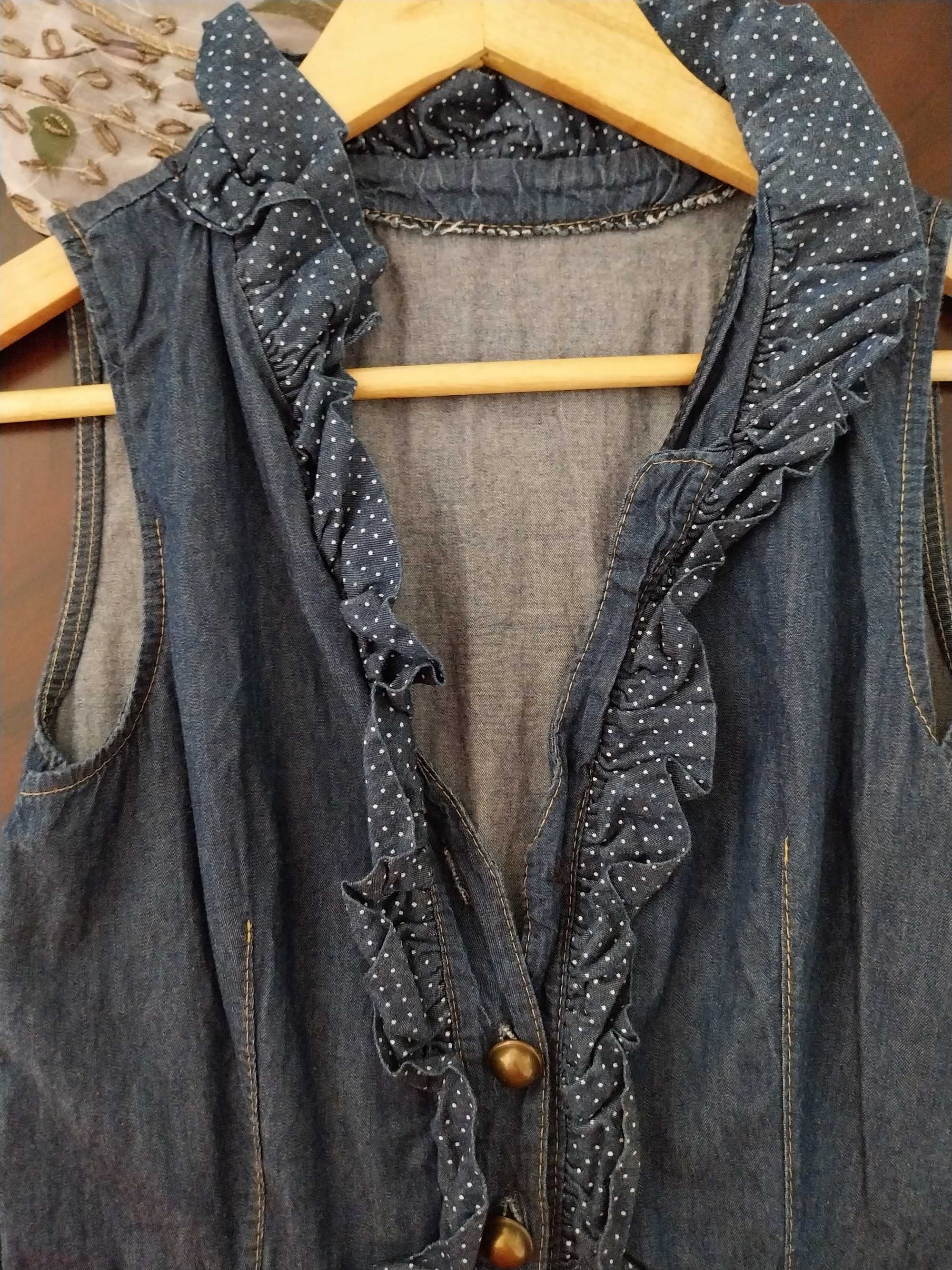 Vestido de ganga, com decote com folhos, 100% algodão, tamanho S/36