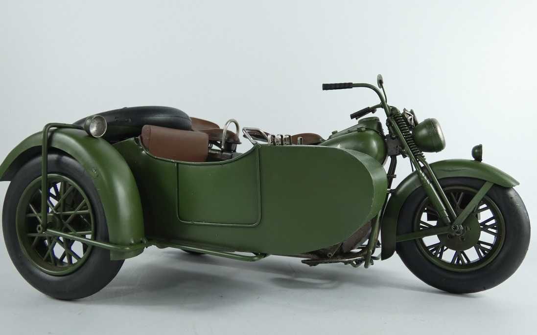 Duży Metalowy wojskowy MOTOCYKL z koszem retro pojazd model motor