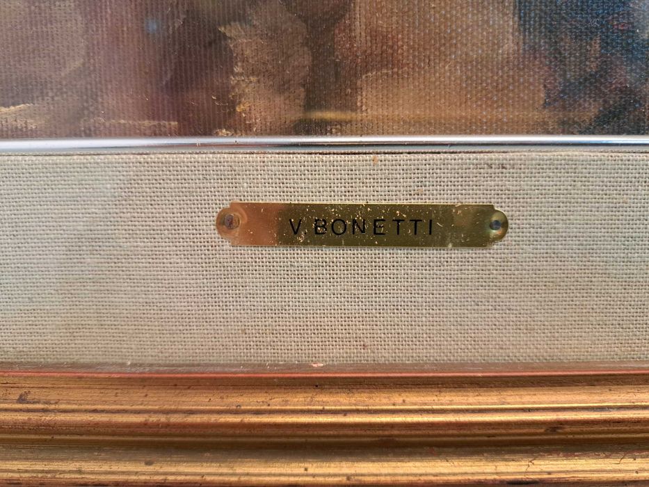 Obraz olejny na płótnie miasto ulica ludzie V. Bonetti certyfikat