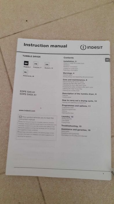Máquina de secar roupa Indisit 8kg com manual instruções