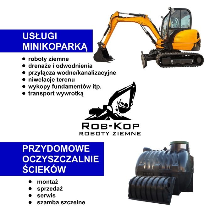 Minikoparka/Drenaże/Odwodnienia/Przydomowe oczyszczalnie/ Przeciski