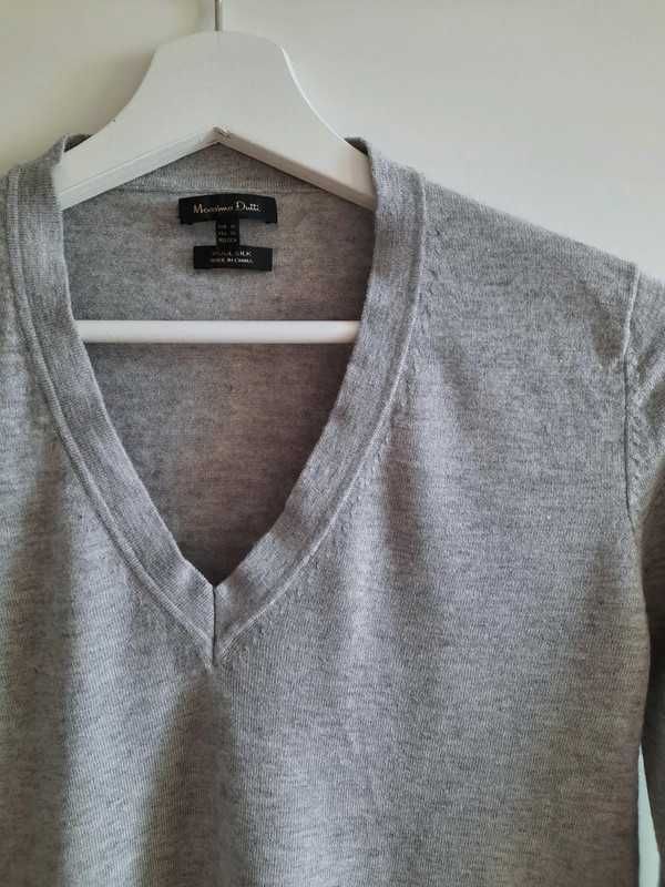 Massimo Dutti sweter V serek szary melanż jedwab wełna XS 34