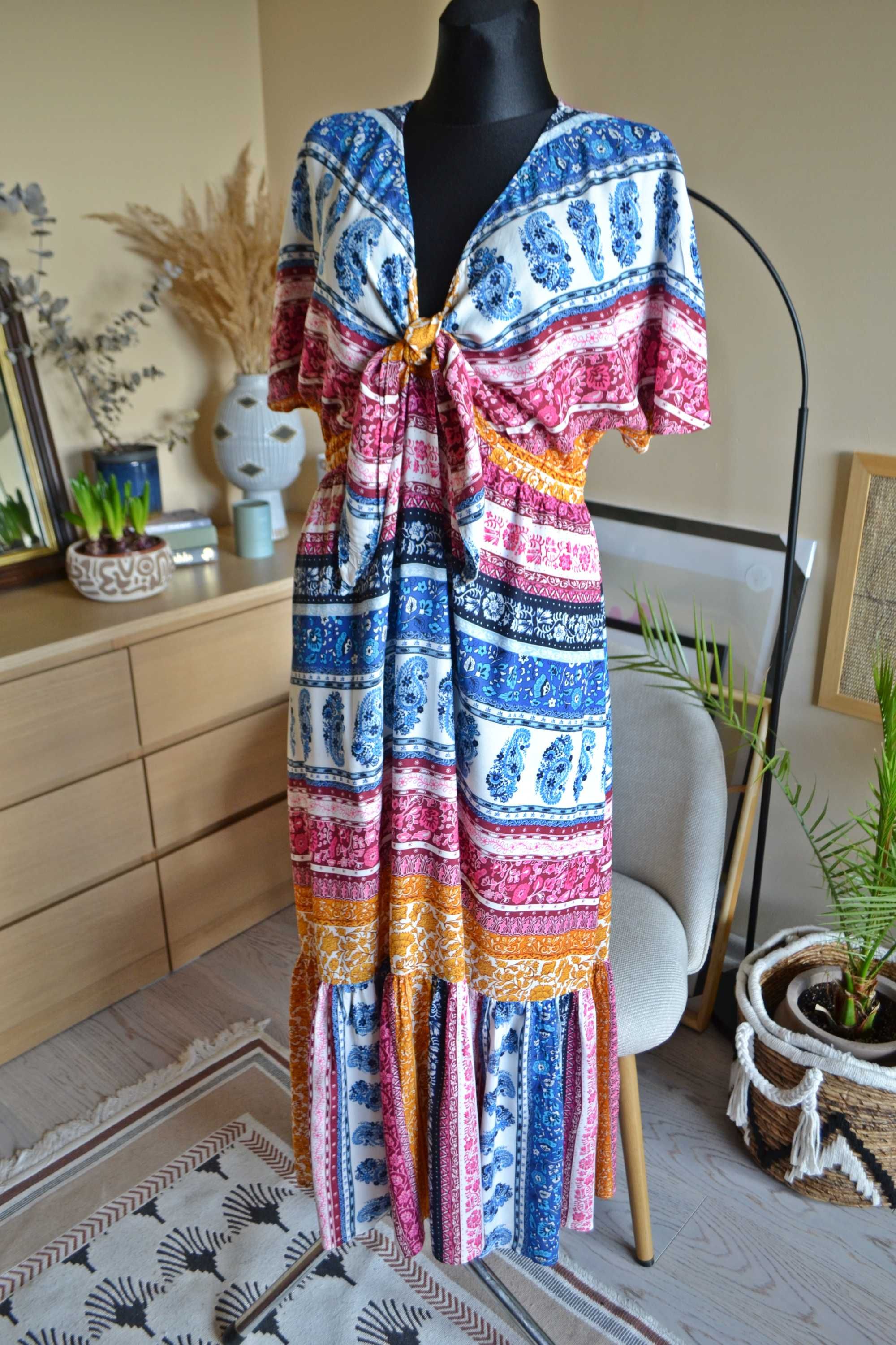 Sukienka kolorowa boho hippie maxi długa falbana Monsoon we wzory M