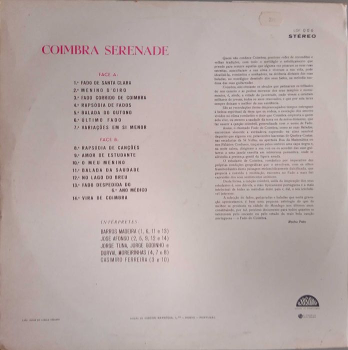 José Afonso, Barros Madeira, etc. - - - - - Coimbra Serenade	- - - 	LP