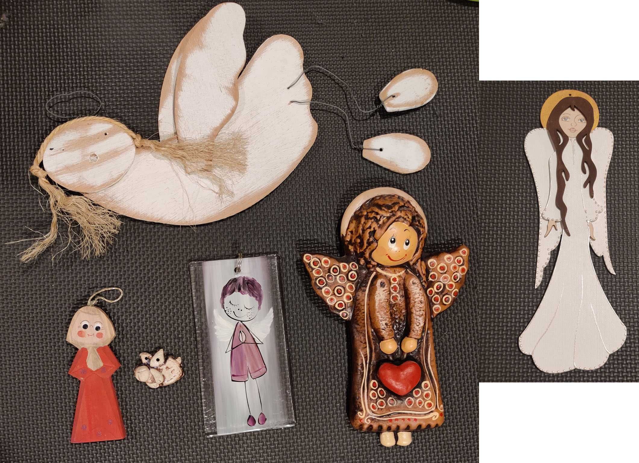 Anioły - zestaw - ceramika, drewno, szkło - 5,5 szt.