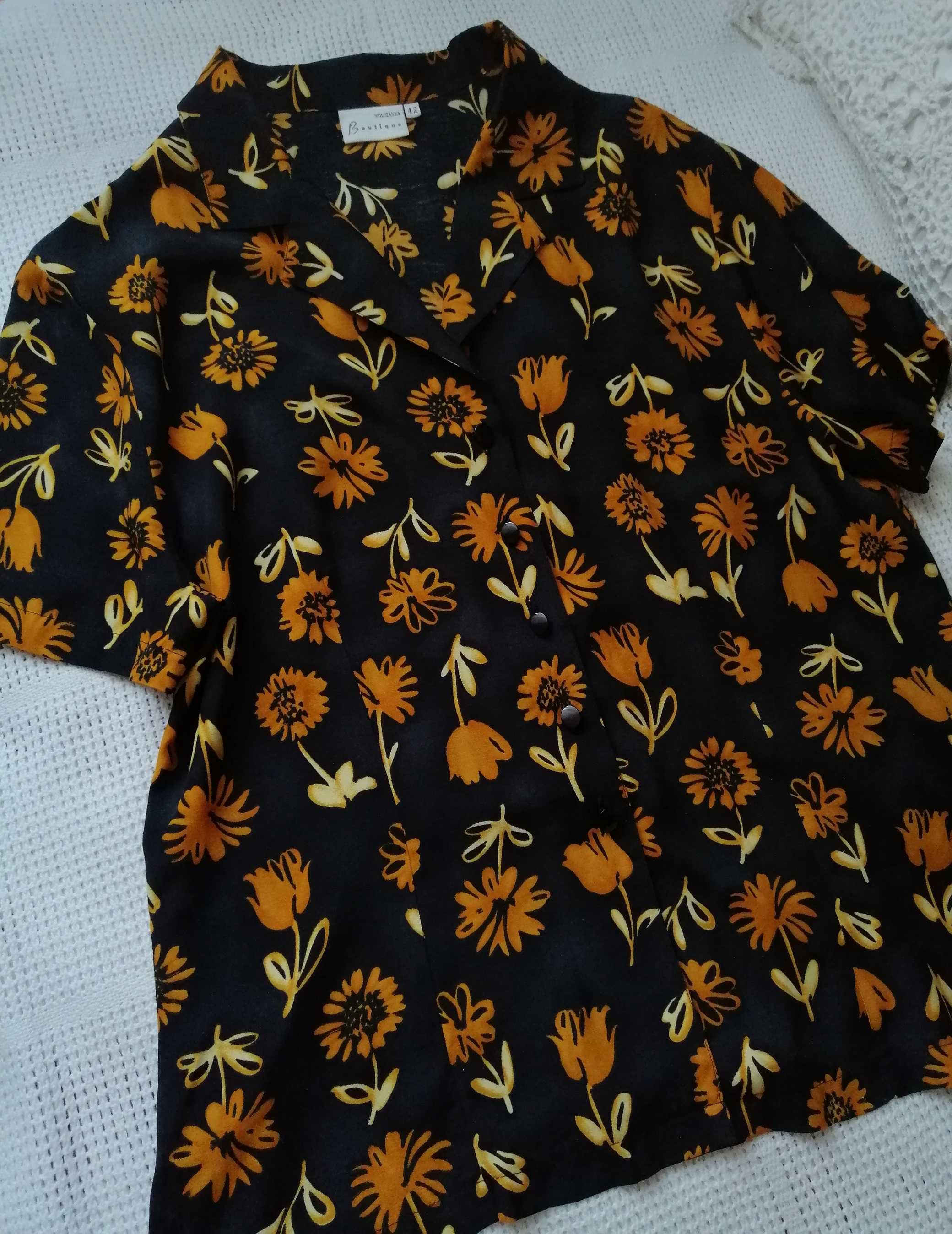 Wólczanka wiskoza jedwab rayon czarna camel kwiaty koszula bluzka L XL