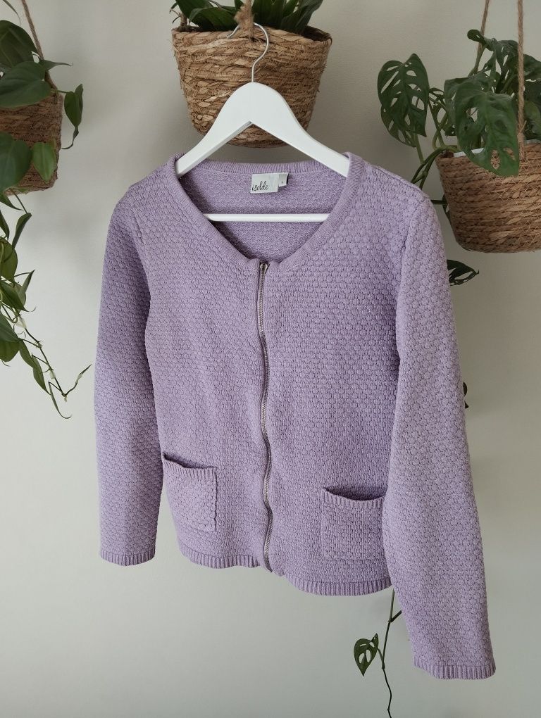 Sweter kardigan, na suwak, okrągły dekolt, szanelka, struktura r. L/XL