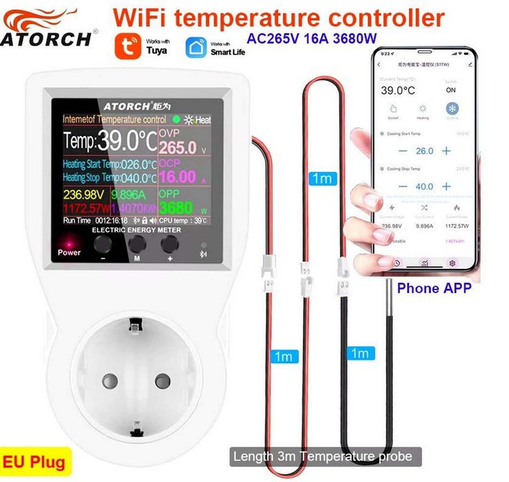 Atorch умная WiFi розетка с терморегулятором 16А 3680Вт SmartLife Tuya