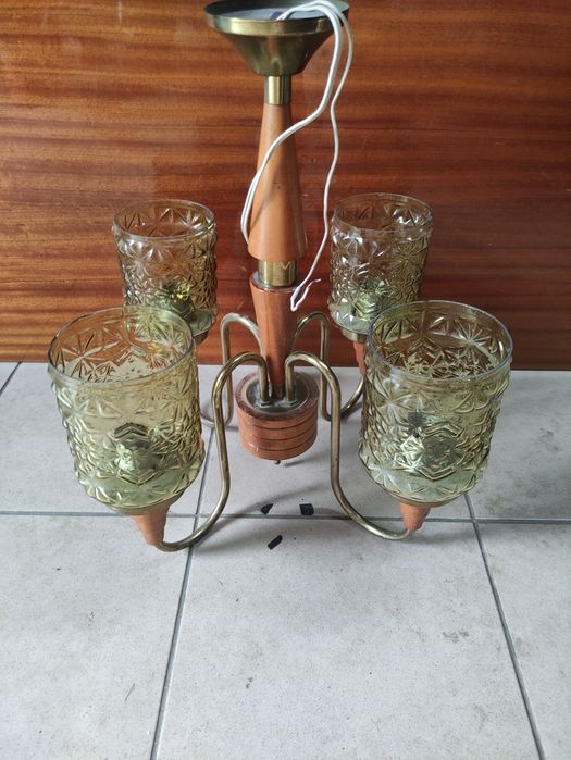 Lampa z okresu PRL szkło drewno
