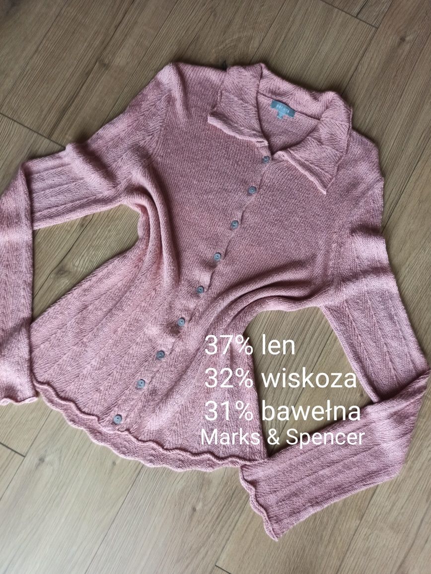 Różowy pudrowy róż lniany sweter Marks & Spencer Per Una M/38 kardigan