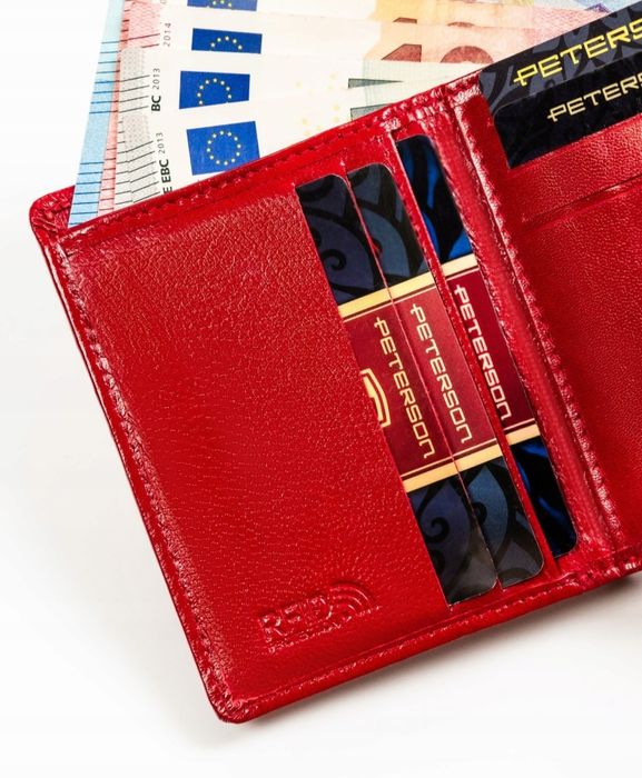 Peterson DAMSKI portfel skórzany mały pionowy na zatrzask czerwony
