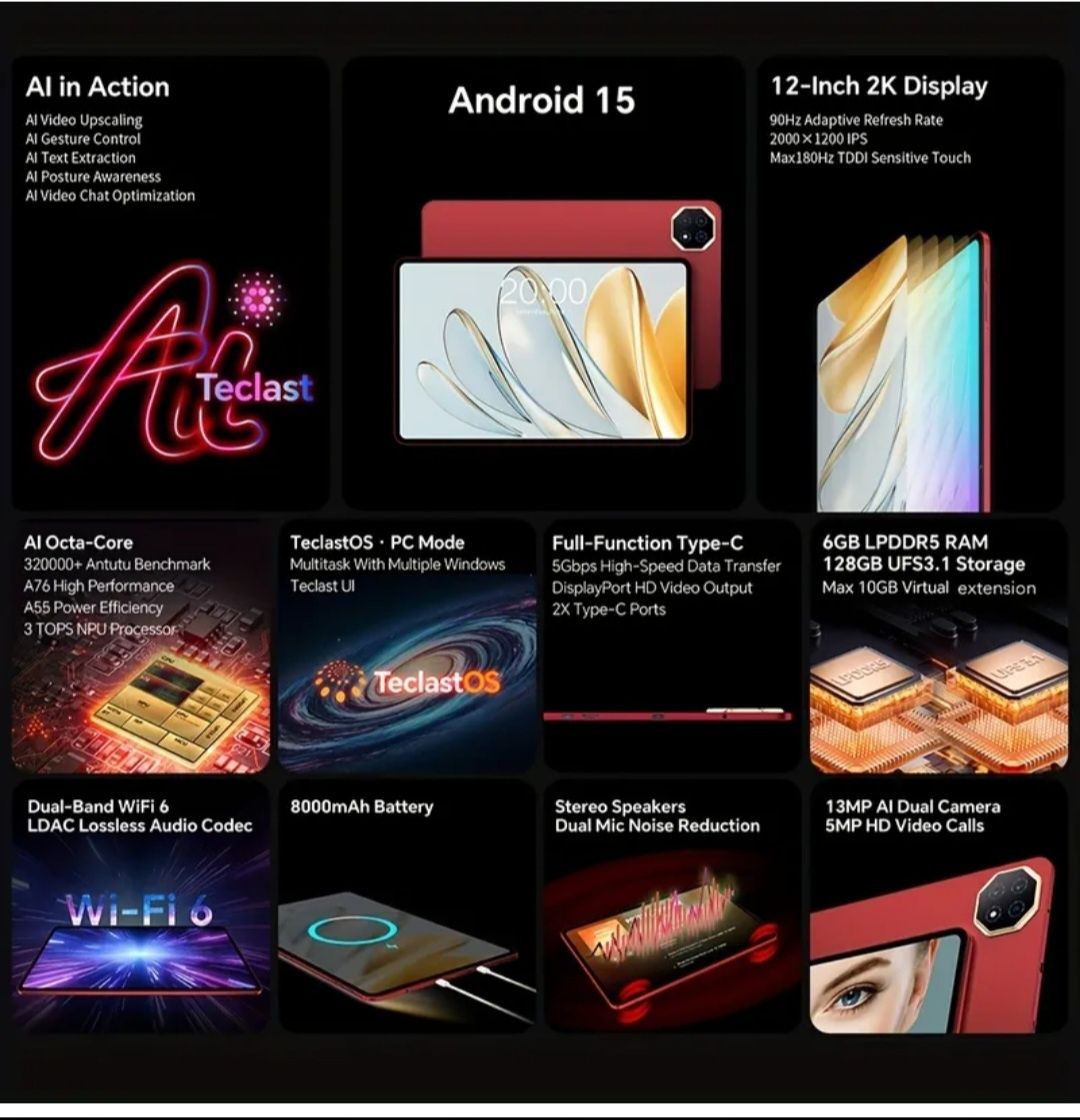 Tablet 12-calowy teclast t60 AI android 15 AI